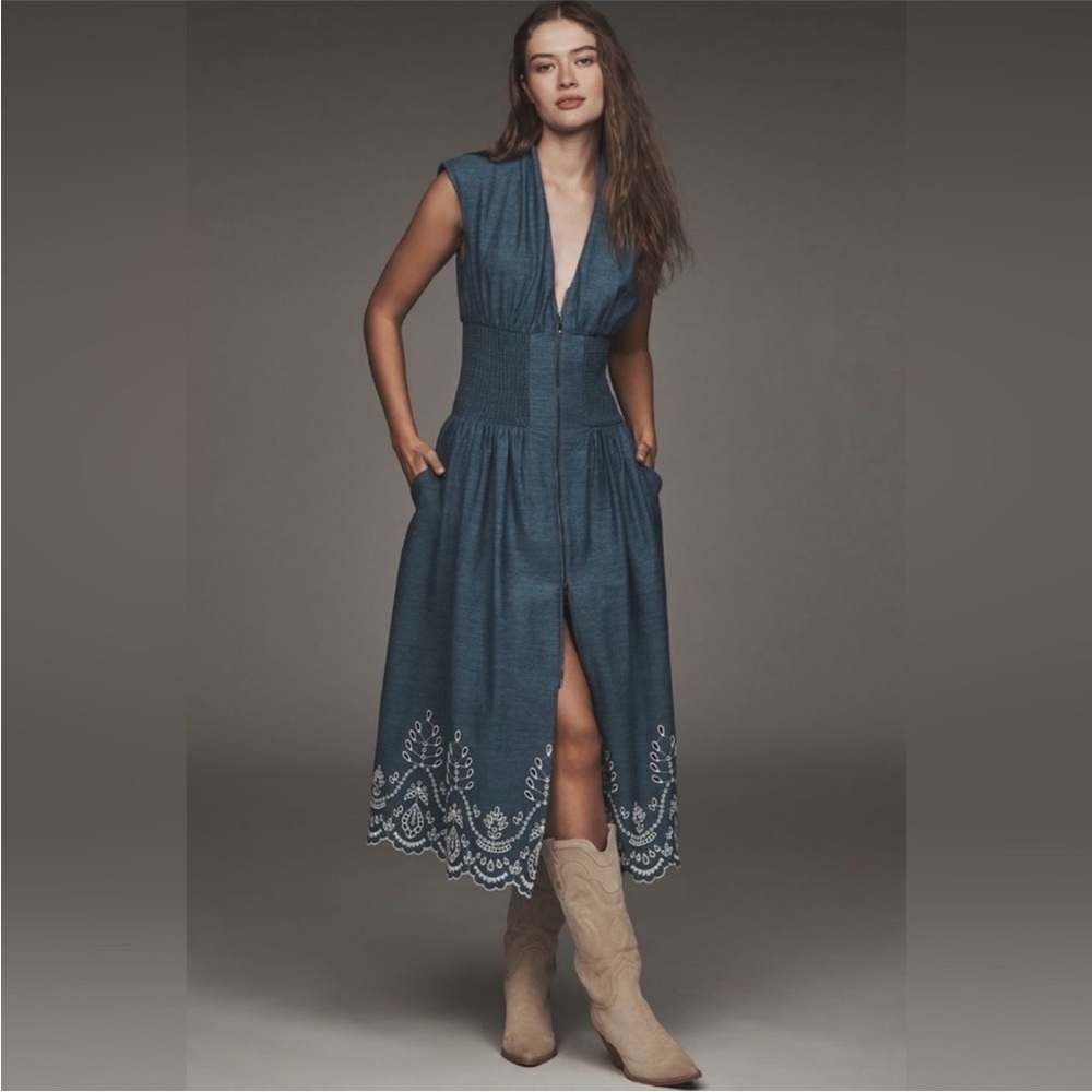 Anthropologie The Tommie Denim Chambray Zip Front Eyelet Trim Dress Blue XSP NWT - Picture 3 of 14